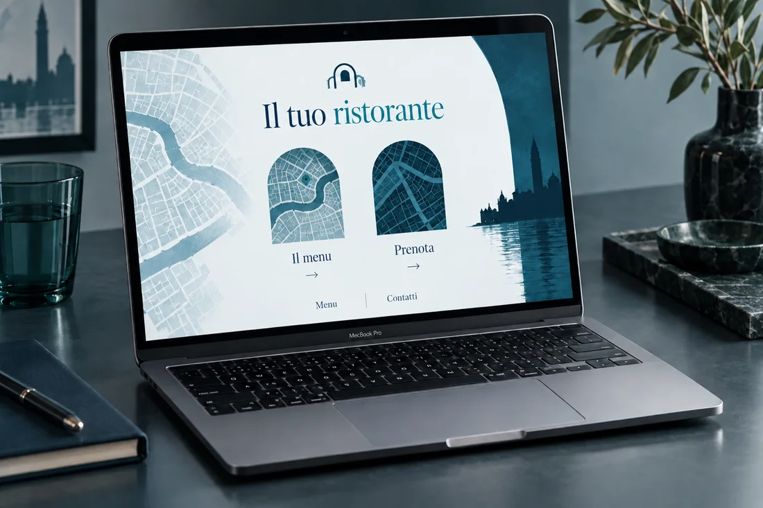 Mockup concettuale creato con AI: sito OSOTTOOSOPRA Venezia sullo schermo di un MacBook Pro, con OSOTTOOSOPRA